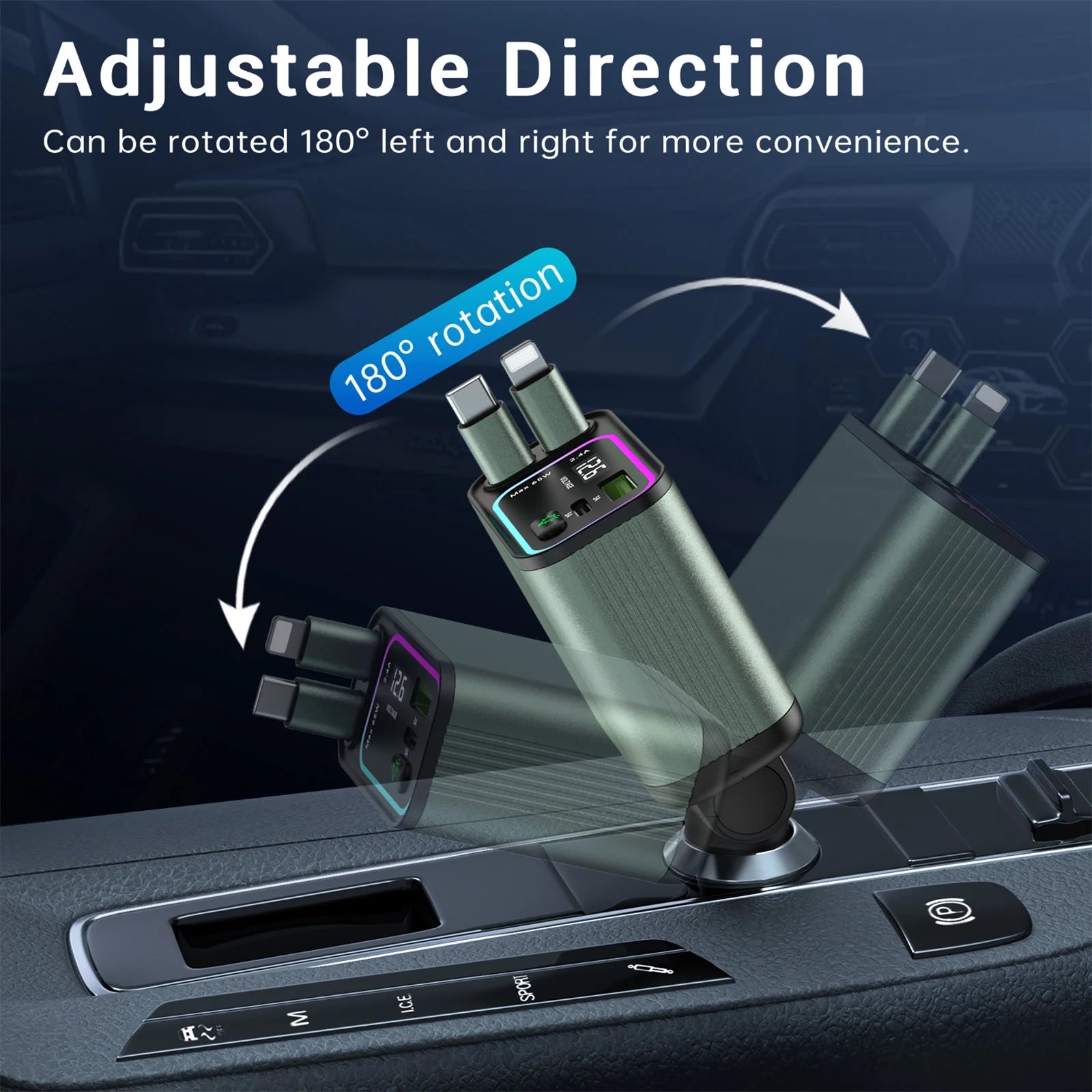 4 in 1 Retractable Car Charger with RGB Lighting - 66W Fast Charging Adapter for iPhone, Galaxy, and More - Ultimate Car Accessory for a Tangle-Free Experience