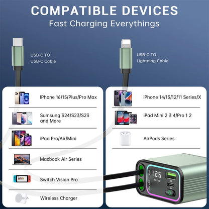 4 in 1 Retractable Car Charger with RGB Lighting - 66W Fast Charging Adapter for iPhone, Galaxy, and More - Ultimate Car Accessory for a Tangle-Free Experience