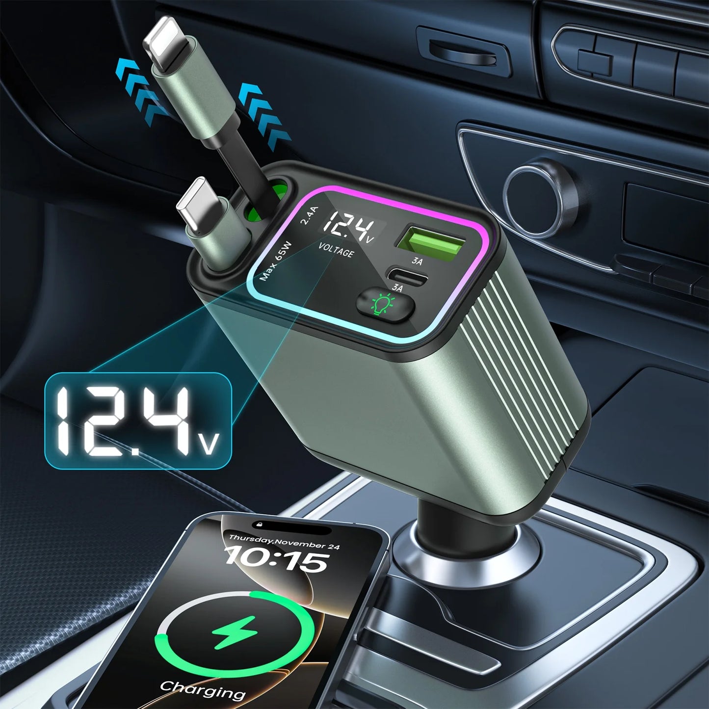 4 in 1 Retractable Car Charger with RGB Lighting - 66W Fast Charging Adapter for iPhone, Galaxy, and More - Ultimate Car Accessory for a Tangle-Free Experience