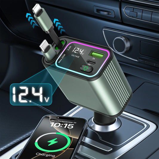 4 in 1 Retractable Car Charger with RGB Lighting - 66W Fast Charging Adapter for iPhone, Galaxy, and More - Ultimate Car Accessory for a Tangle-Free Experience