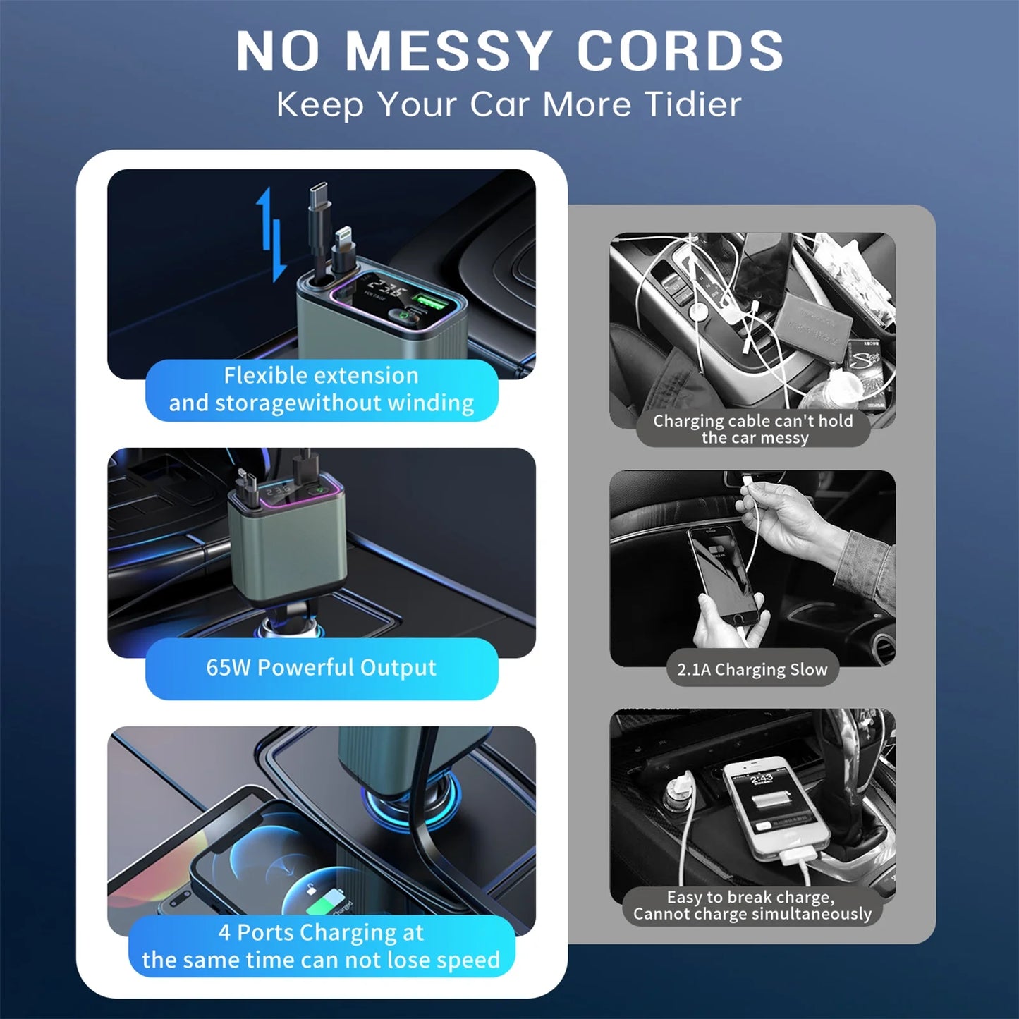 4 in 1 Retractable Car Charger with RGB Lighting - 66W Fast Charging Adapter for iPhone, Galaxy, and More - Ultimate Car Accessory for a Tangle-Free Experience