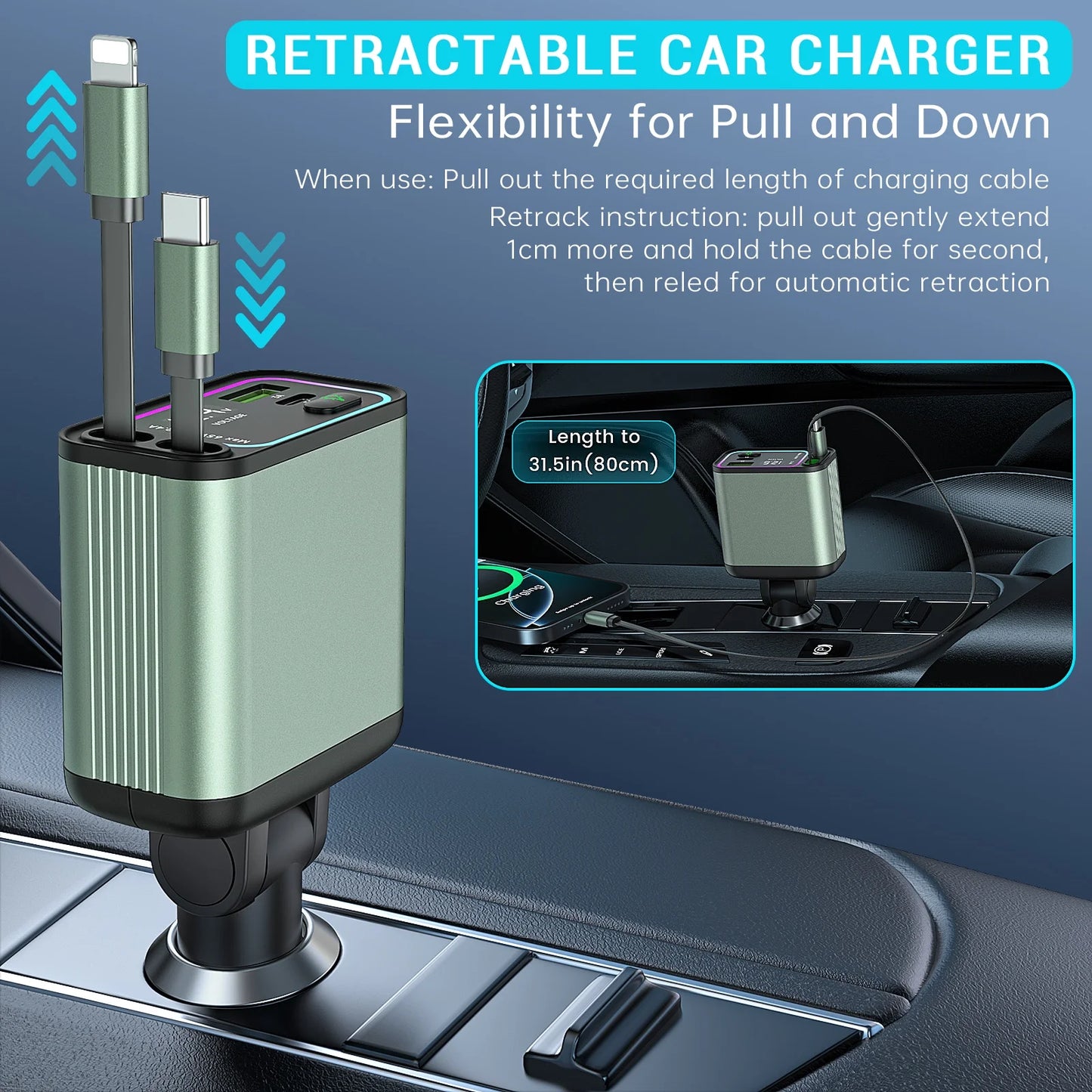 4 in 1 Retractable Car Charger with RGB Lighting - 66W Fast Charging Adapter for iPhone, Galaxy, and More - Ultimate Car Accessory for a Tangle-Free Experience