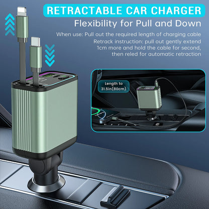 4 in 1 Retractable Car Charger with RGB Lighting - 66W Fast Charging Adapter for iPhone, Galaxy, and More - Ultimate Car Accessory for a Tangle-Free Experience